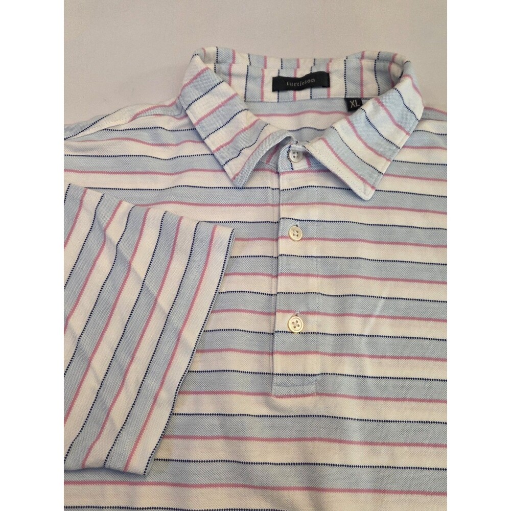 Turtleson Polo Shirt XL Blue Pink White Striped Short Sleeve Pima Cotton Golf